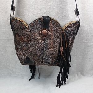 Tooled Leather Boot Bag Western Fringe Crossbody Upcycled Floral Embossed